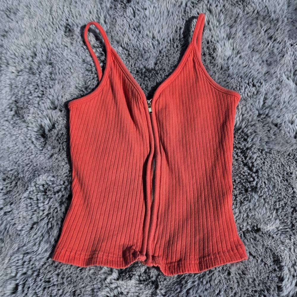 Derek Heart Red Ribbed Zip-Front Cami